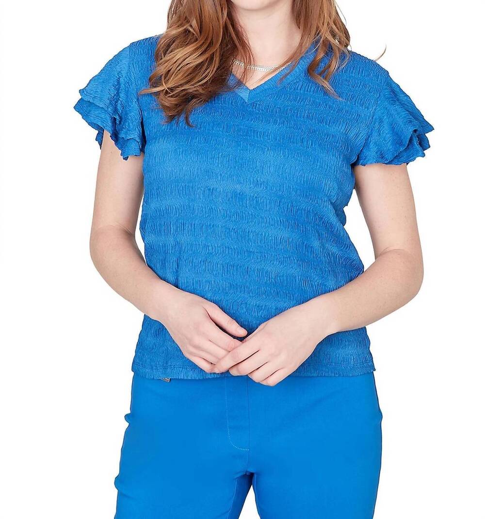 NEW EMALINE flutter sleeve v neck top in sapphire blue